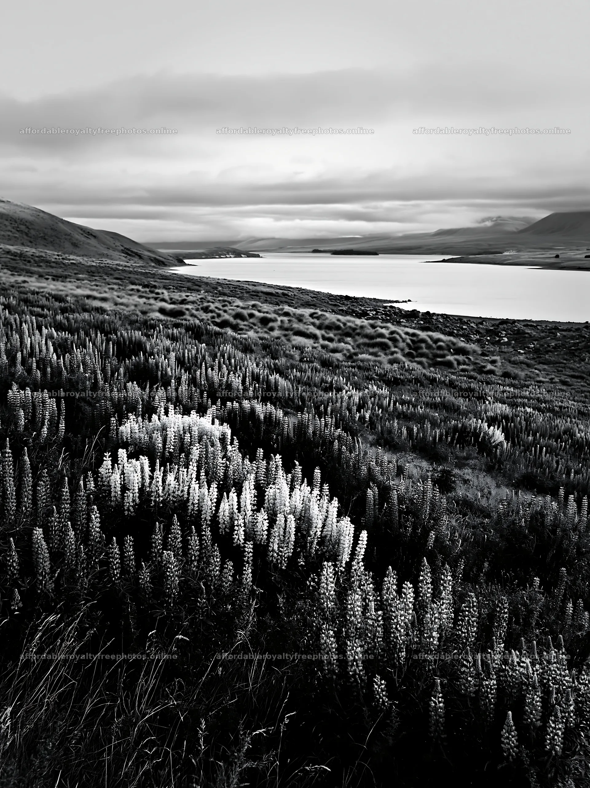 Lupine meadow panorama at Lake Tekapo in black and white – royalty-free photos 6866x9174