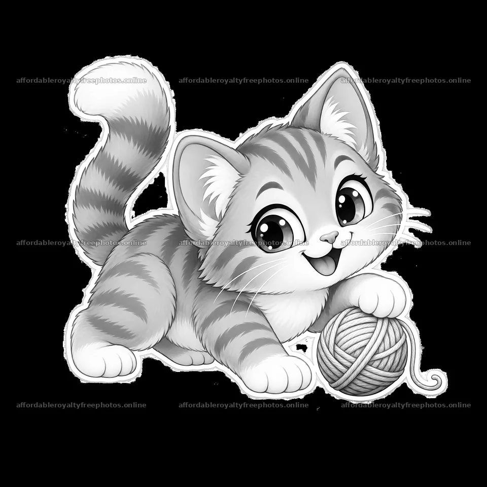 Cute kawaii cat playing with a ball of yarn – royalty-free photos 7746x7746