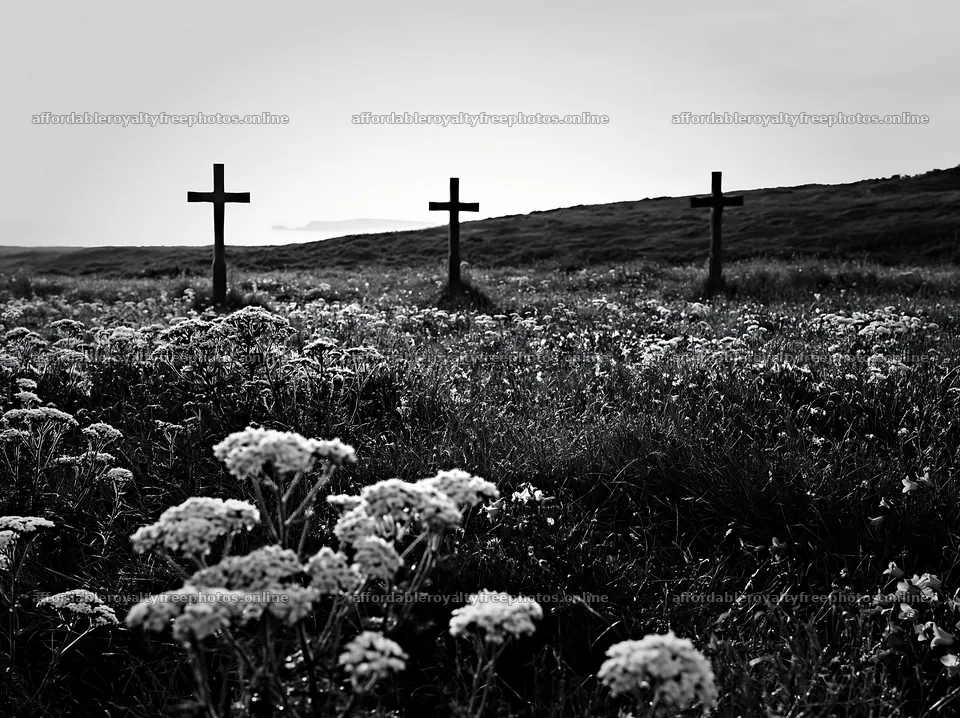 Three Christian crosses in a meadow with flowers – royalty-free photos 9174x6866
