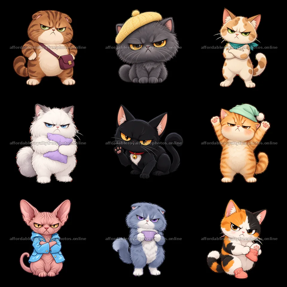 Kawaii grumpy cats in different poses and outfits in a – royalty-free photos 7746x7746