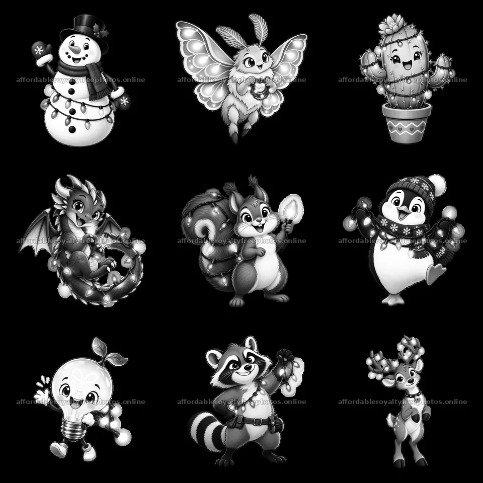 Cartoon characters celebrating with string lights in a – royalty-free photos 7746x7746