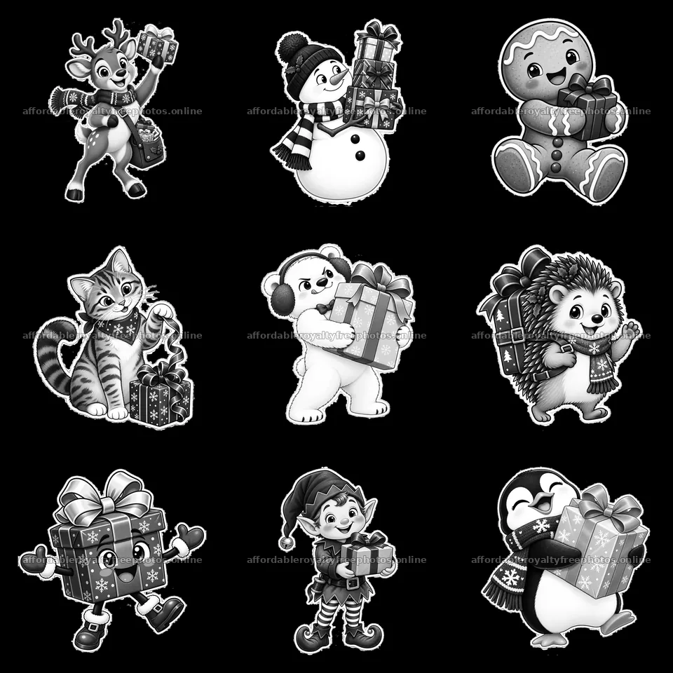 Black-and-white cartoon animals with Christmas presents – royalty-free photos 7746x7746