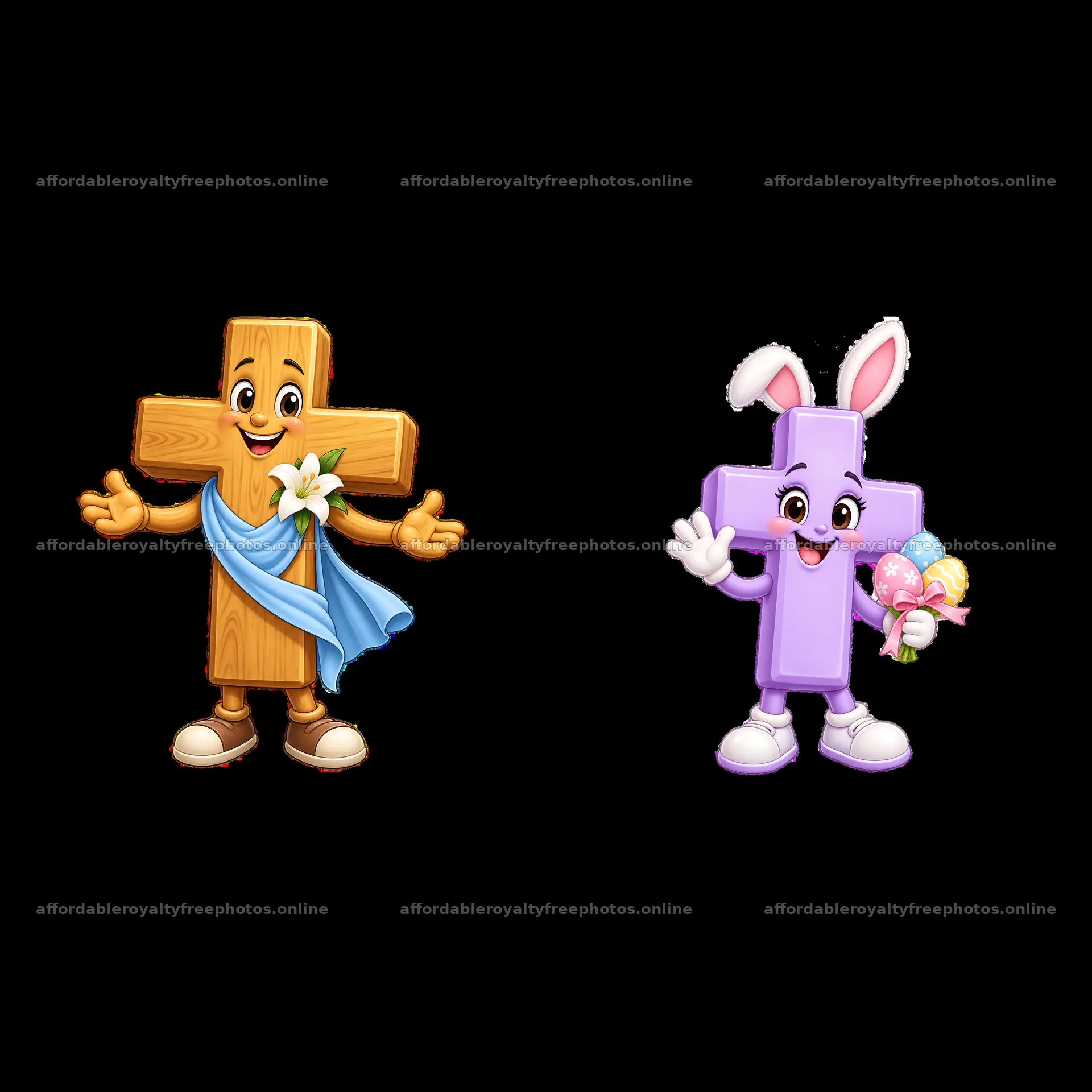 Easter cross characters with flowers and Easter eggs – royalty-free photos 7746x7746