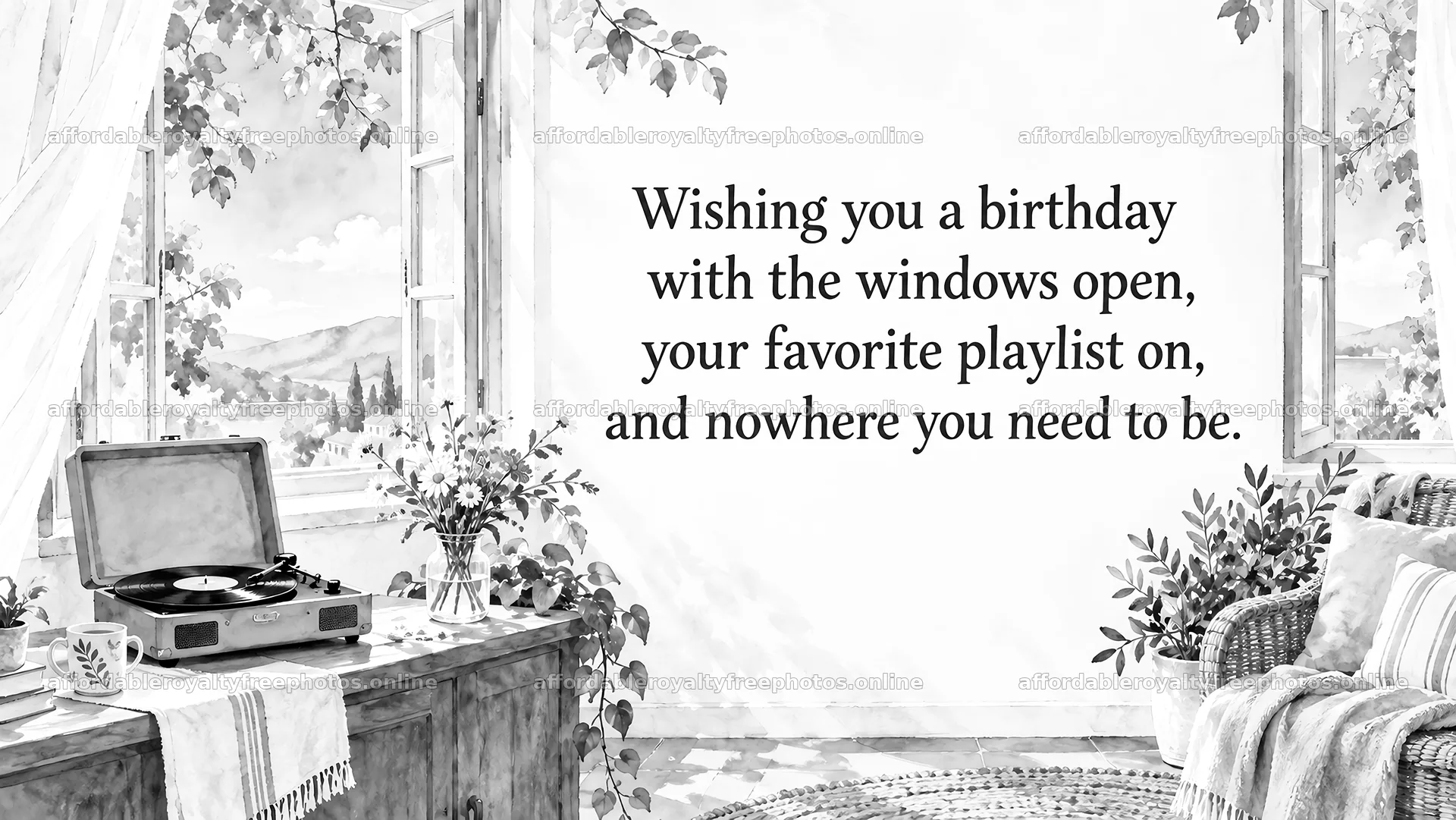 Monochrome Birthday Greeting in a Relaxed Home – royalty-free photos 10324x5812