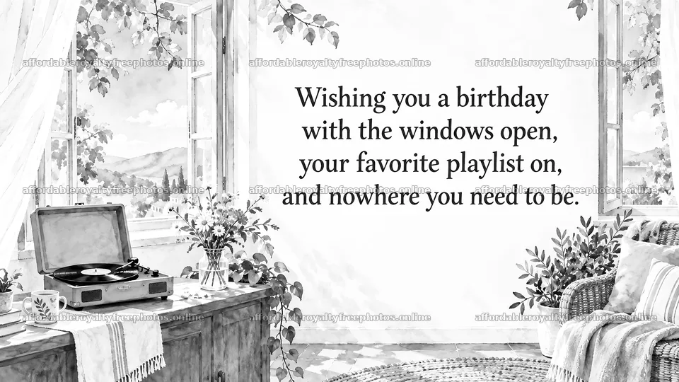 Monochrome Birthday Greeting in a Relaxed Home – royalty-free photos 10324x5812