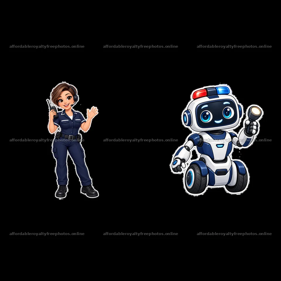 Police officer with radio and cartoon robot character – royalty-free photos 7746x7746