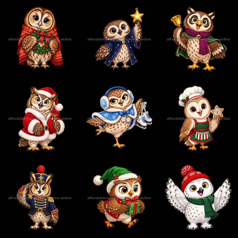 Christmas owls in festive outfits celebrating winter – royalty-free photos 7746x7746