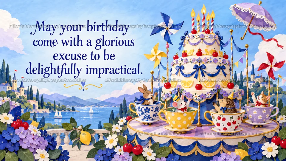 Whimsical Seaside Birthday Cake Greeting – royalty-free photos 10324x5812