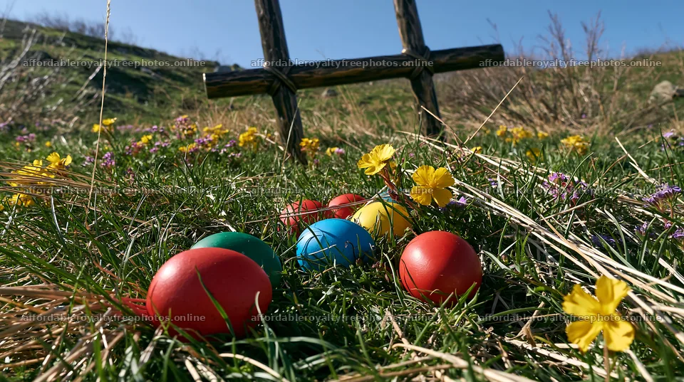 Bronze Christian cross with colorful eggs in a meadow – royalty-free photos 10608x5938
