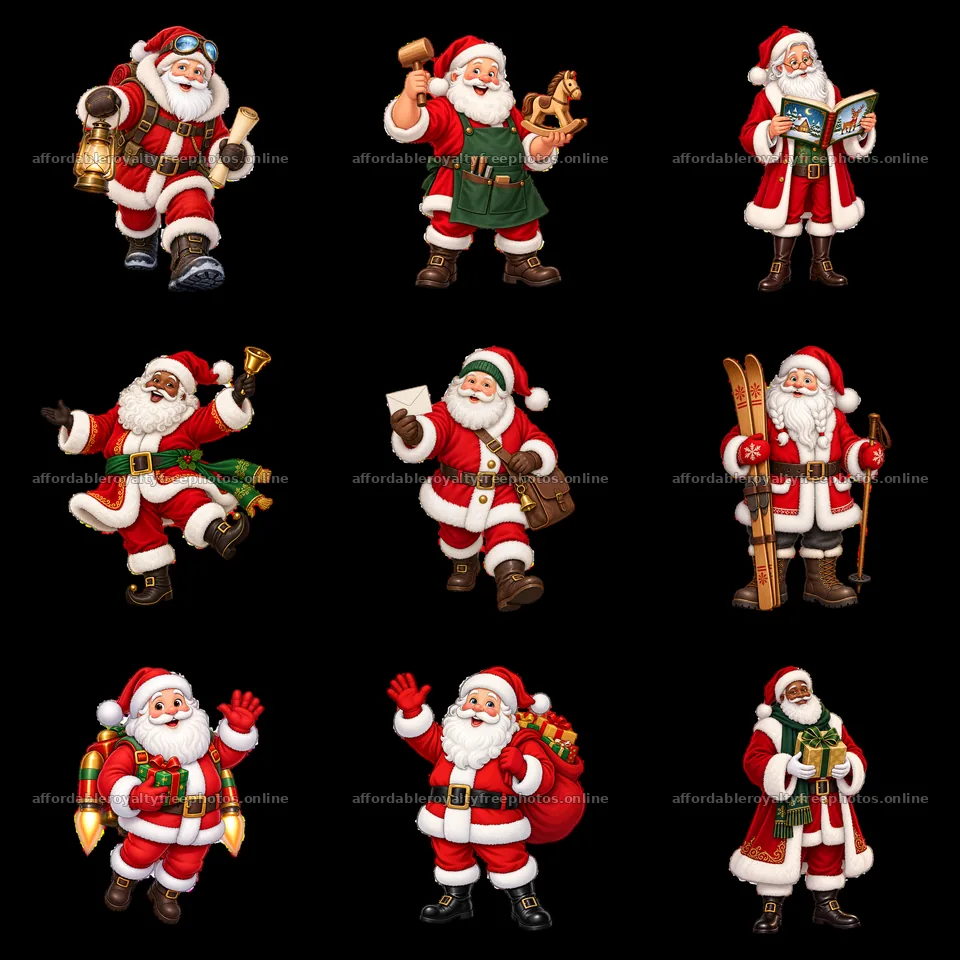 Santa Claus characters engaging in different festive activities – royalty-free photos 7746x7746