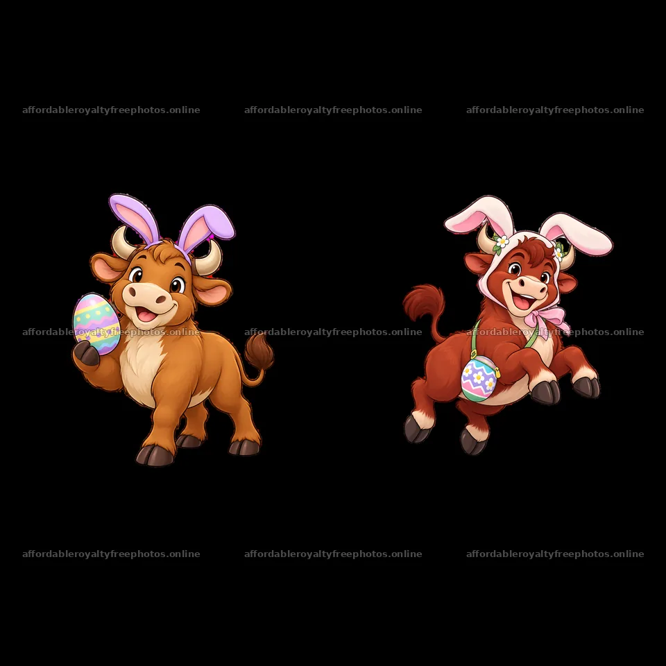 Easter ox characters holding eggs and wearing bunny ears – royalty-free photos 7746x7746