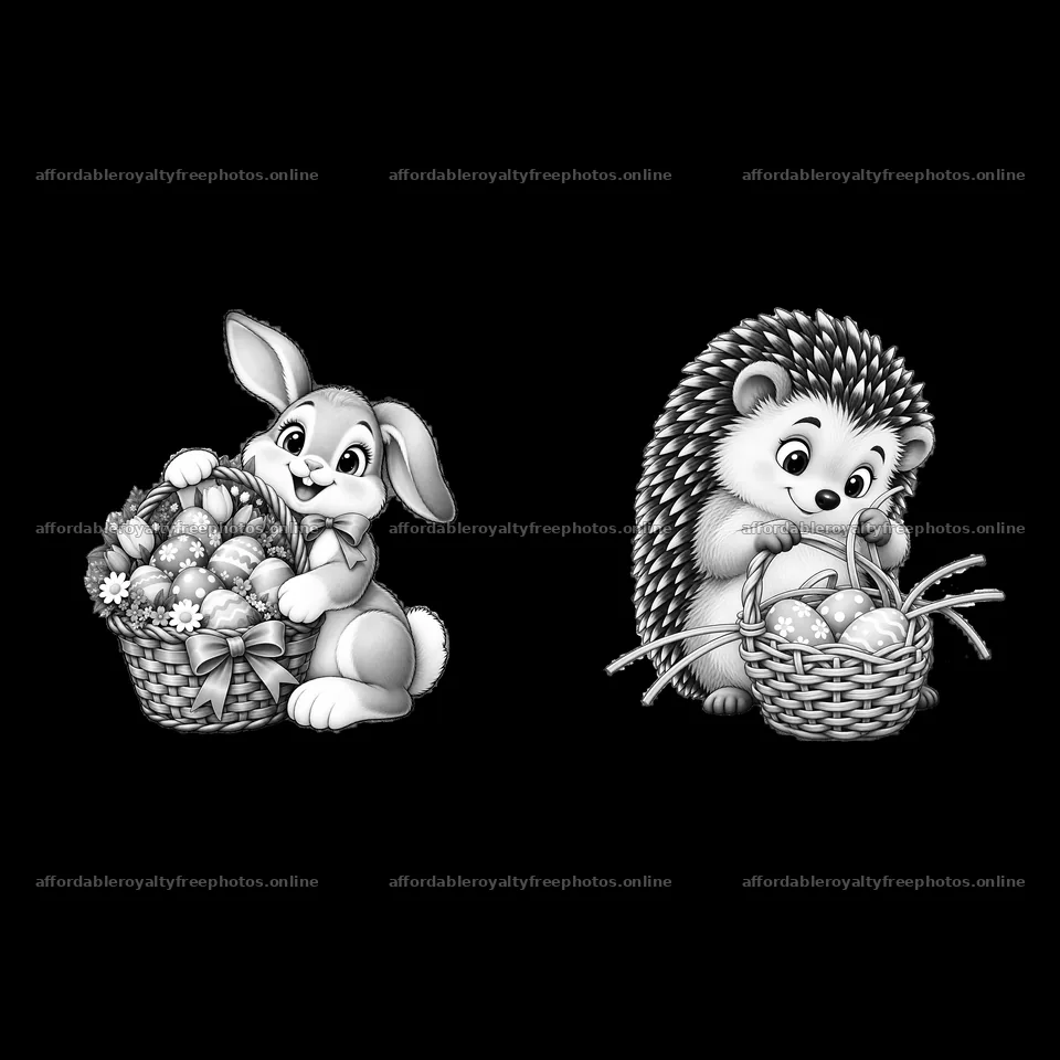 Easter bunny and hedgehog with baskets of eggs – royalty-free photos 7746x7746