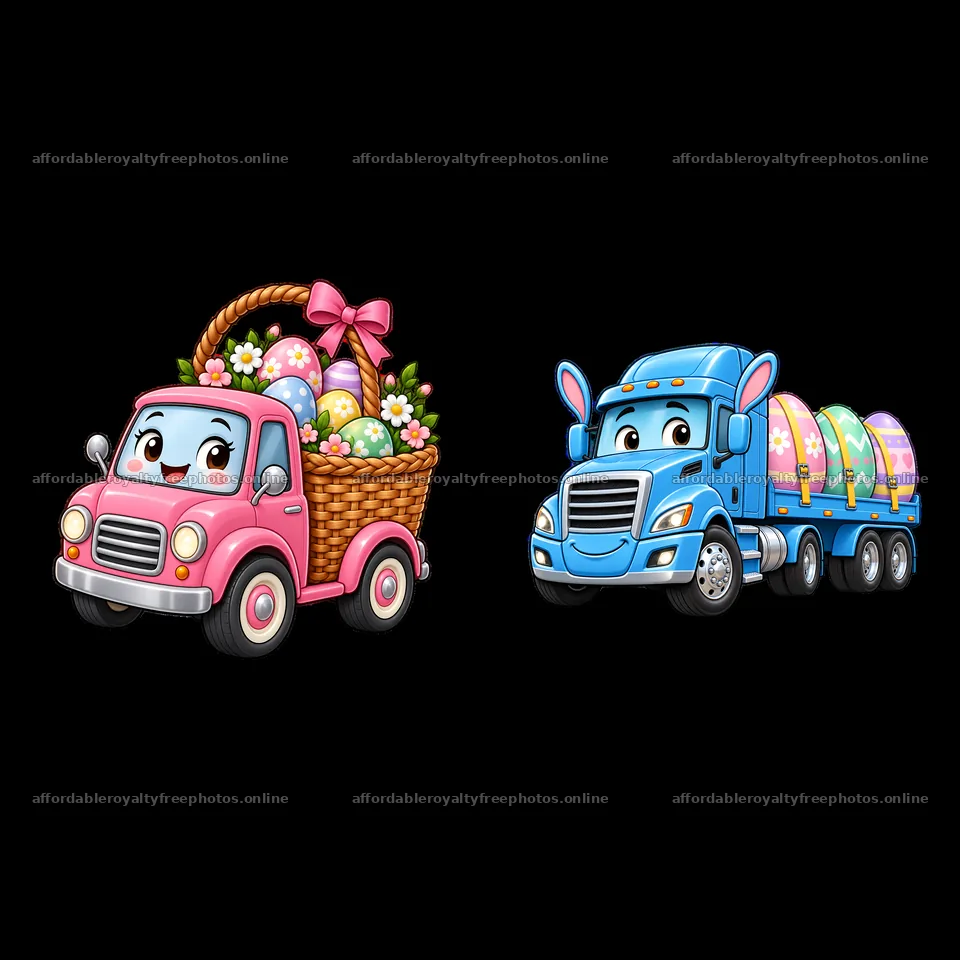 Easter truck and pink pickup with basket of eggs – royalty-free photos 7746x7746