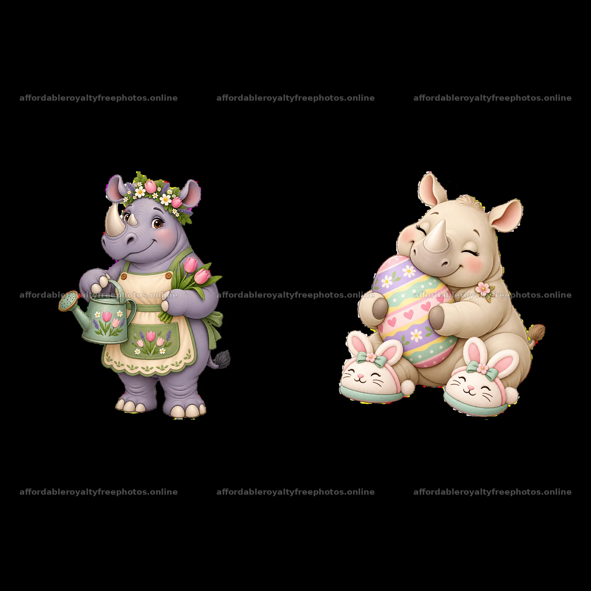 Easter rhinoceros with flowers and cute baby rhino with – royalty-free photos 7746x7746