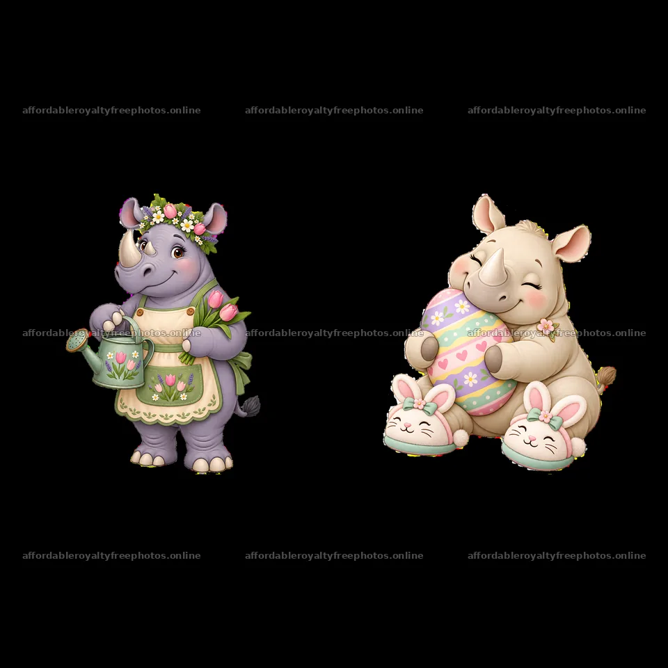 Easter rhinoceros with flowers and cute baby rhino with – royalty-free photos 7746x7746