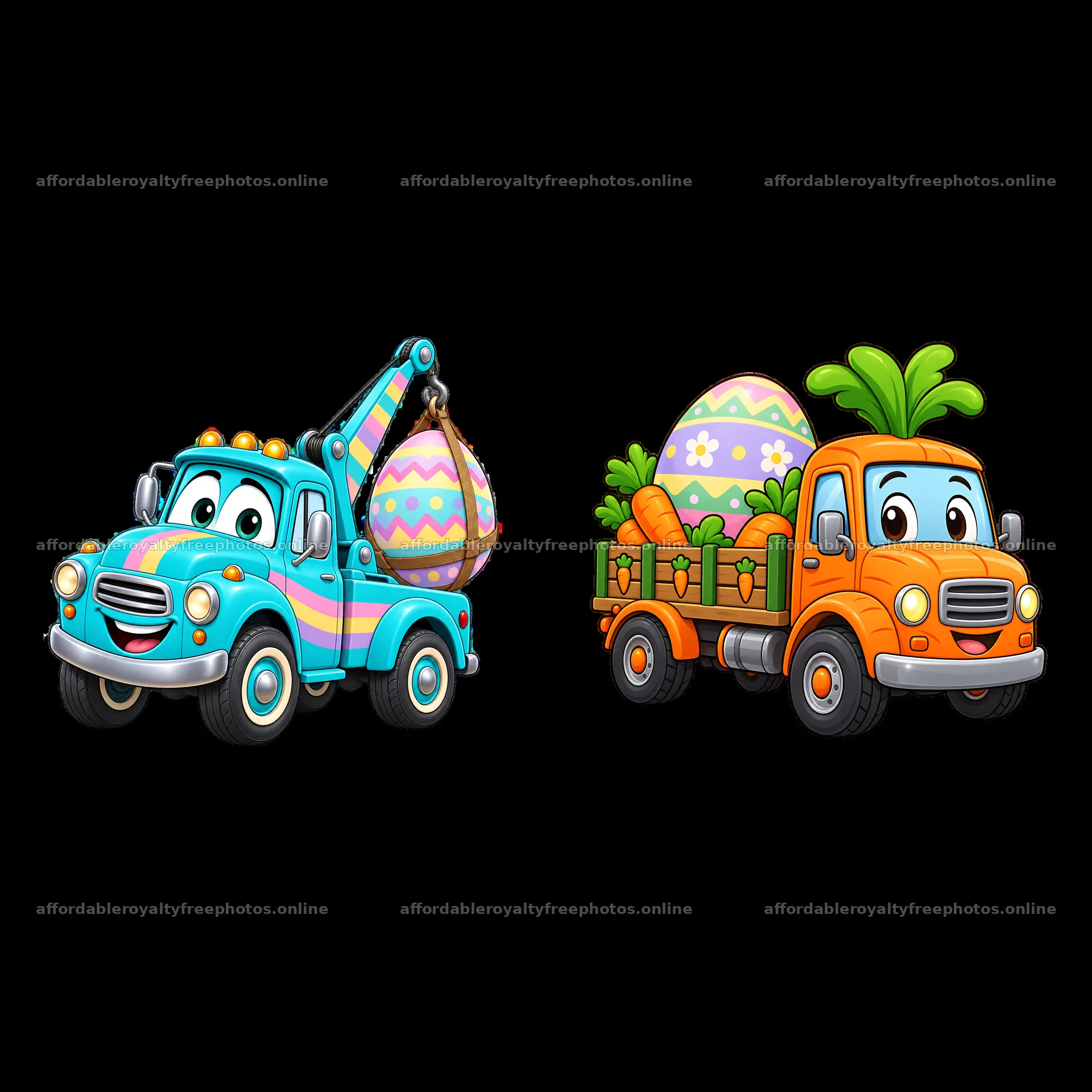 Easter trucks with colorful eggs and carrots for – royalty-free photos 7746x7746