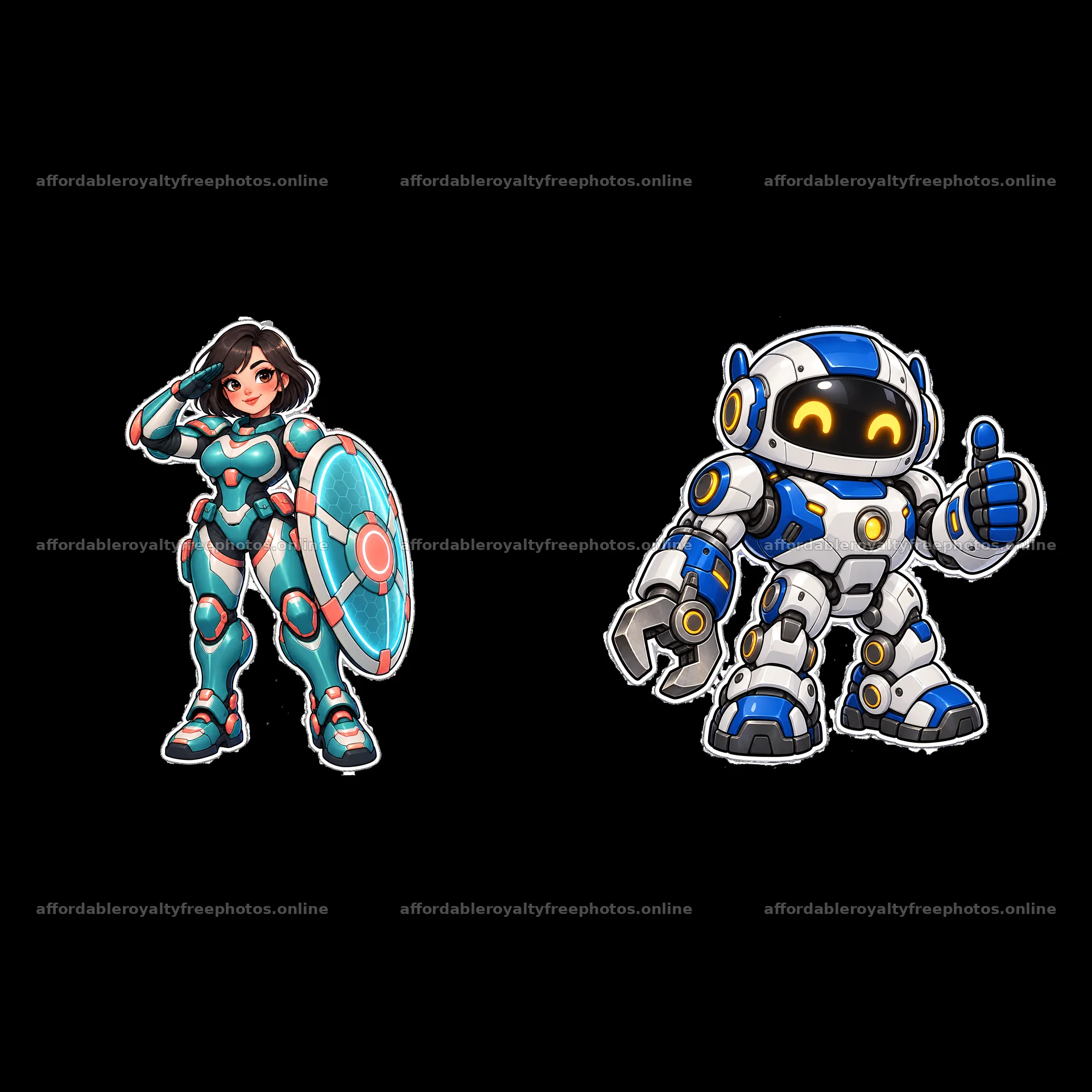 Kawaii futuristic super-soldier pair with robot companion – royalty-free photos 7746x7746