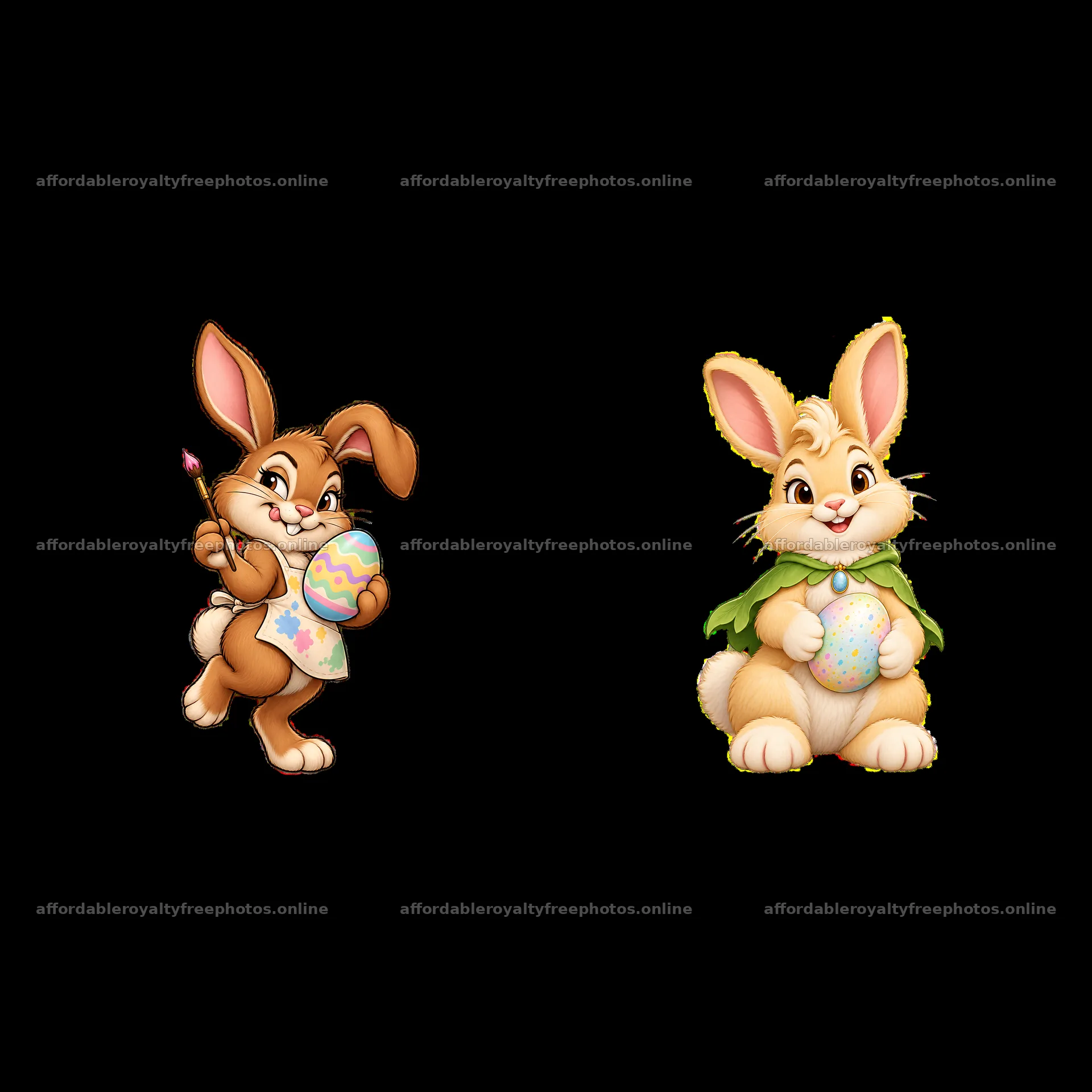 Easter bunny characters painting eggs in a joyful scene – royalty-free photos 7746x7746