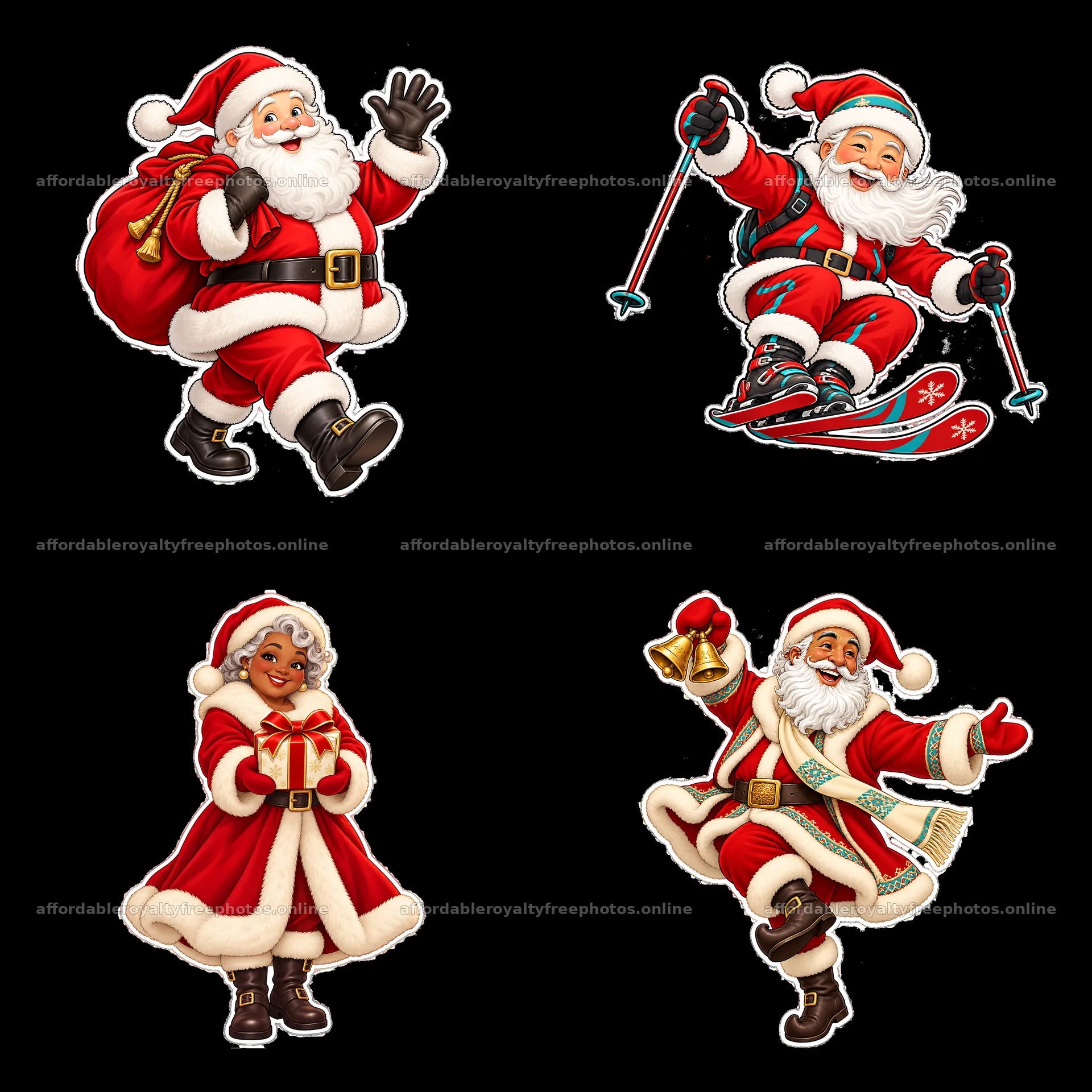 Four cheerful Santa Claus characters in festive – royalty-free photos 7746x7746