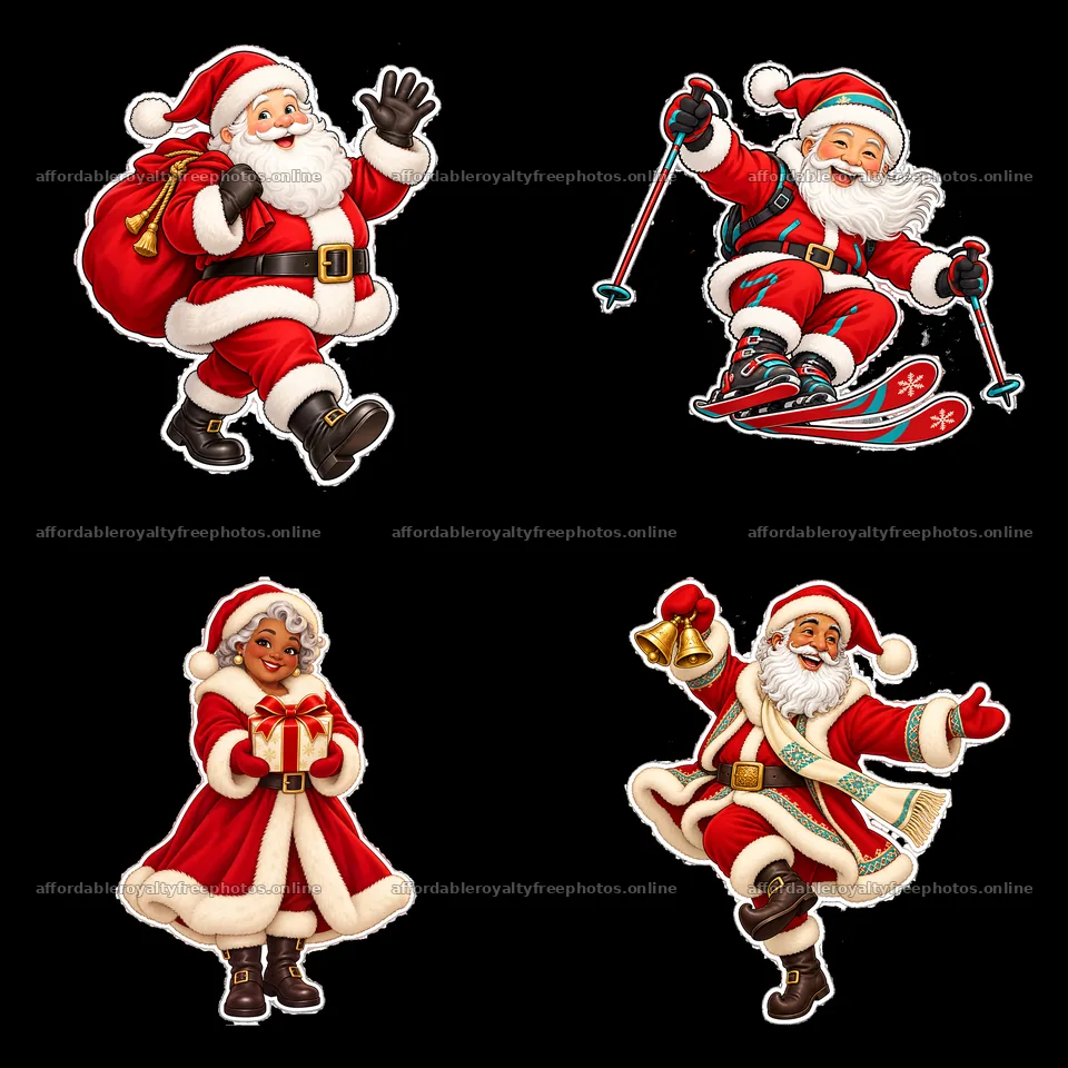 Four cheerful Santa Claus characters in festive – royalty-free photos 7746x7746
