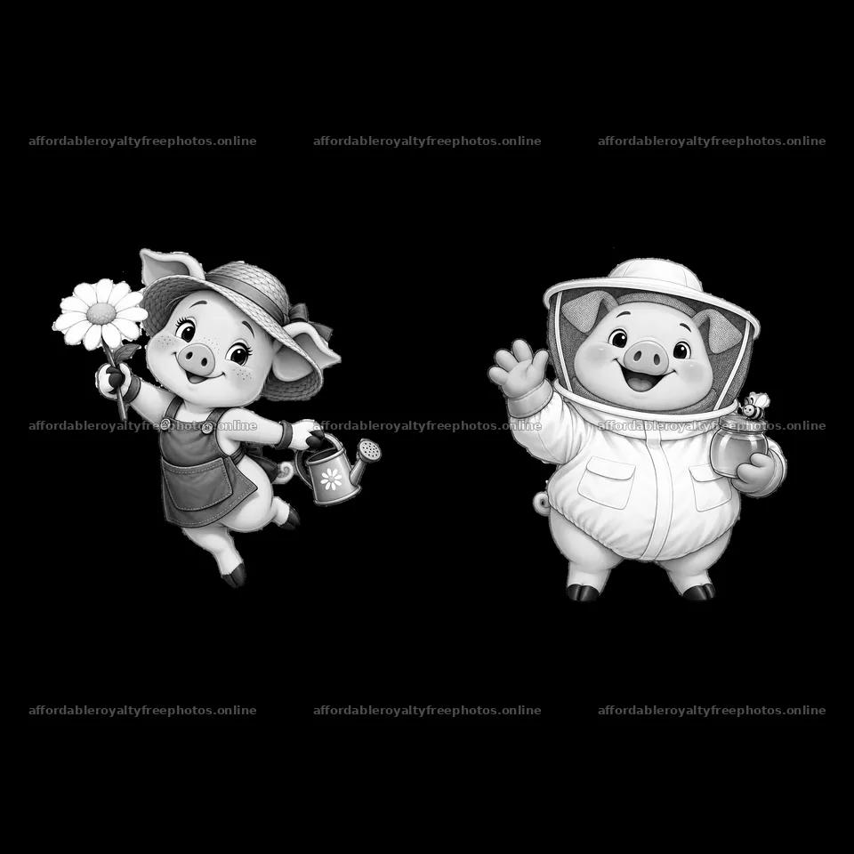Pig characters in garden and beekeeper outfits – royalty-free photos 7746x7746