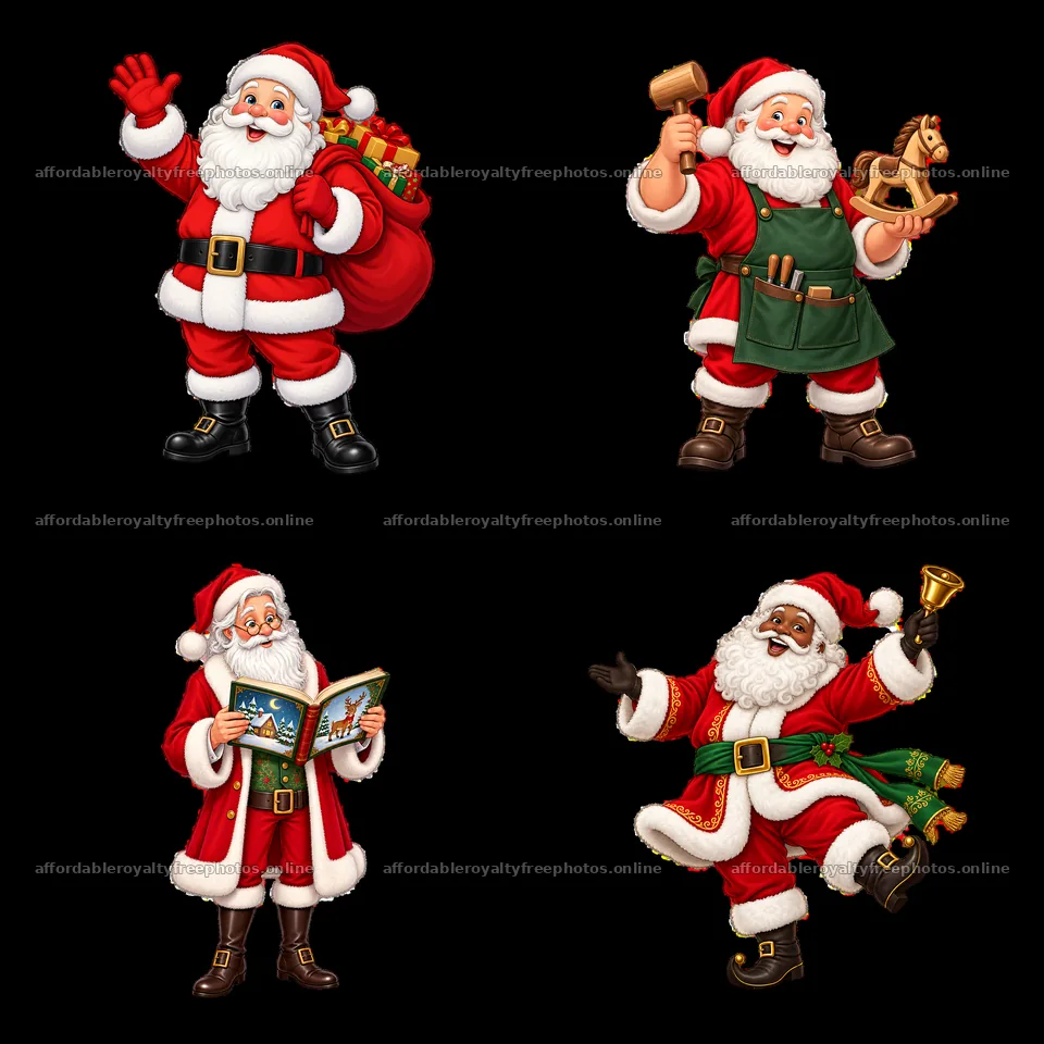 Santa Claus characters with gifts, toys, and holiday cheer – royalty-free photos 7746x7746