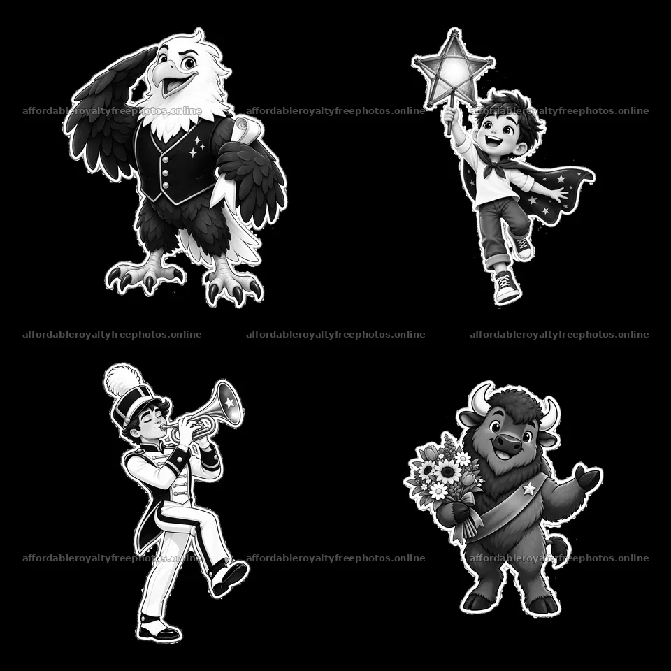 Cartoon characters celebrating patriotism with symbols – royalty-free photos 7746x7746