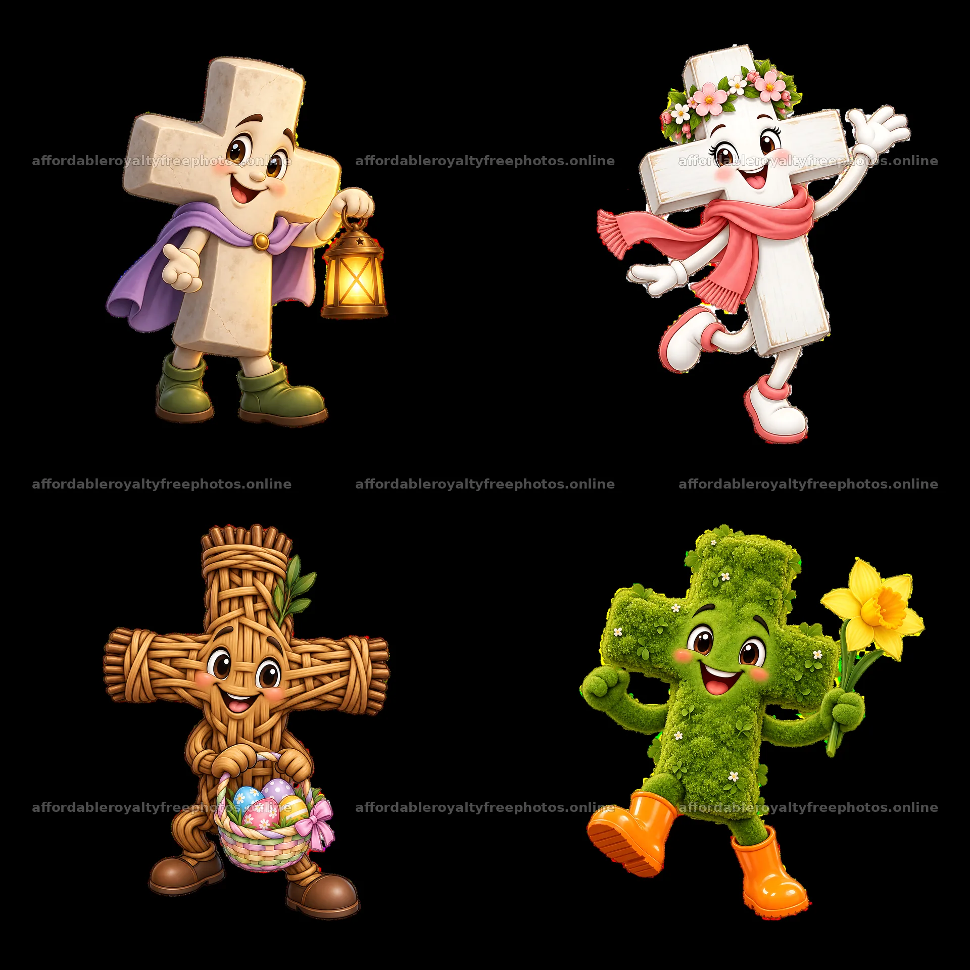Easter cross characters with lantern, flowers, and eggs – royalty-free photos 7746x7746