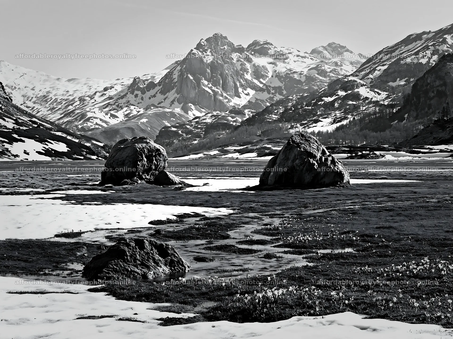 Mountain pass meadow with rocks and snow in black and – royalty-free photos 9174x6866