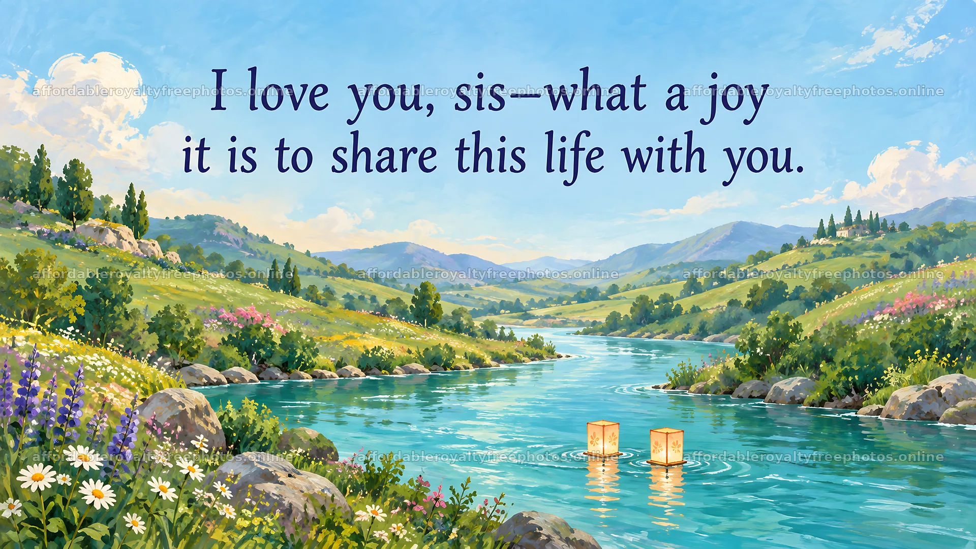 Sister Love Greeting with River Landscape – royalty-free photos 10324x5812