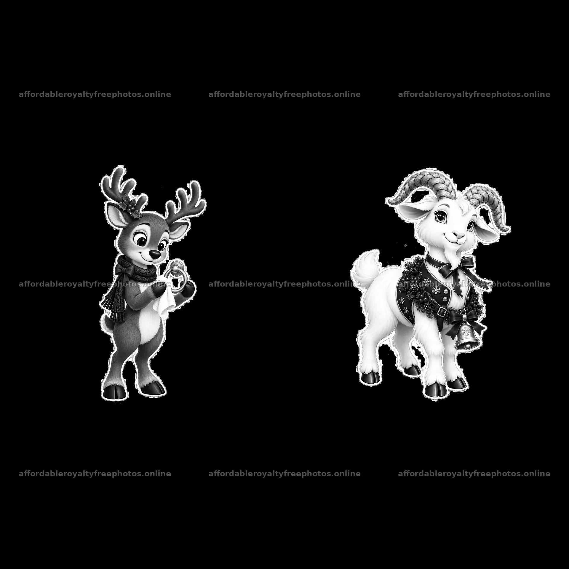 Reindeer and goat with Christmas accessories and gifts – royalty-free photos 7746x7746