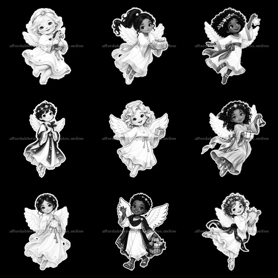 Christ Child characters in black and white cartoon style – royalty-free photos 7746x7746