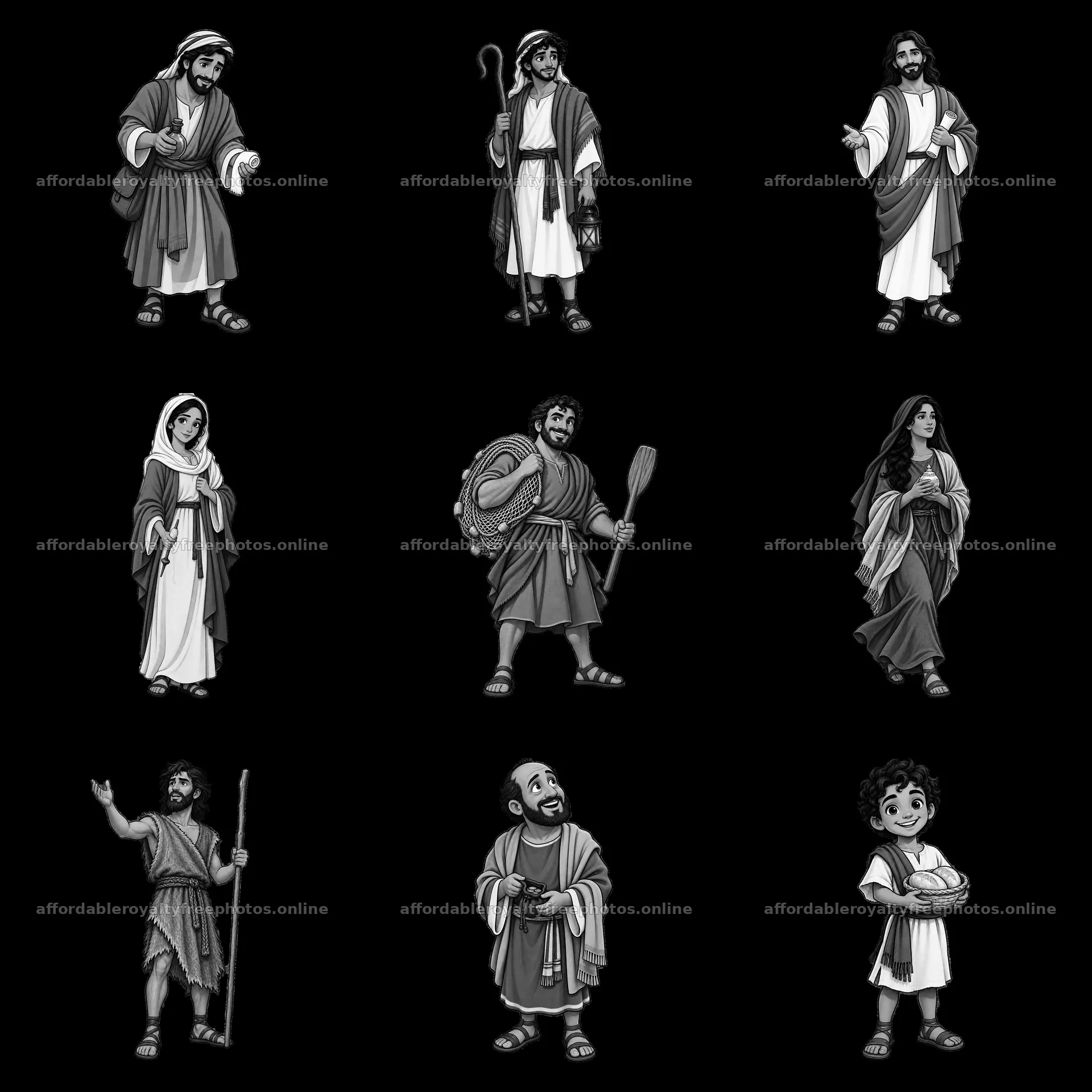 Monochrome cartoon stickers of Jesus and biblical – royalty-free photos 7746x7746