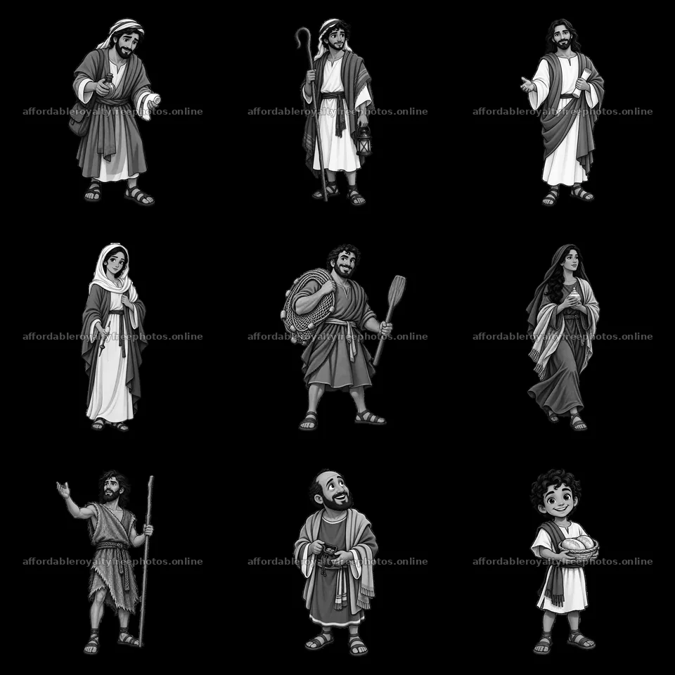 Monochrome cartoon stickers of Jesus and biblical – royalty-free photos 7746x7746