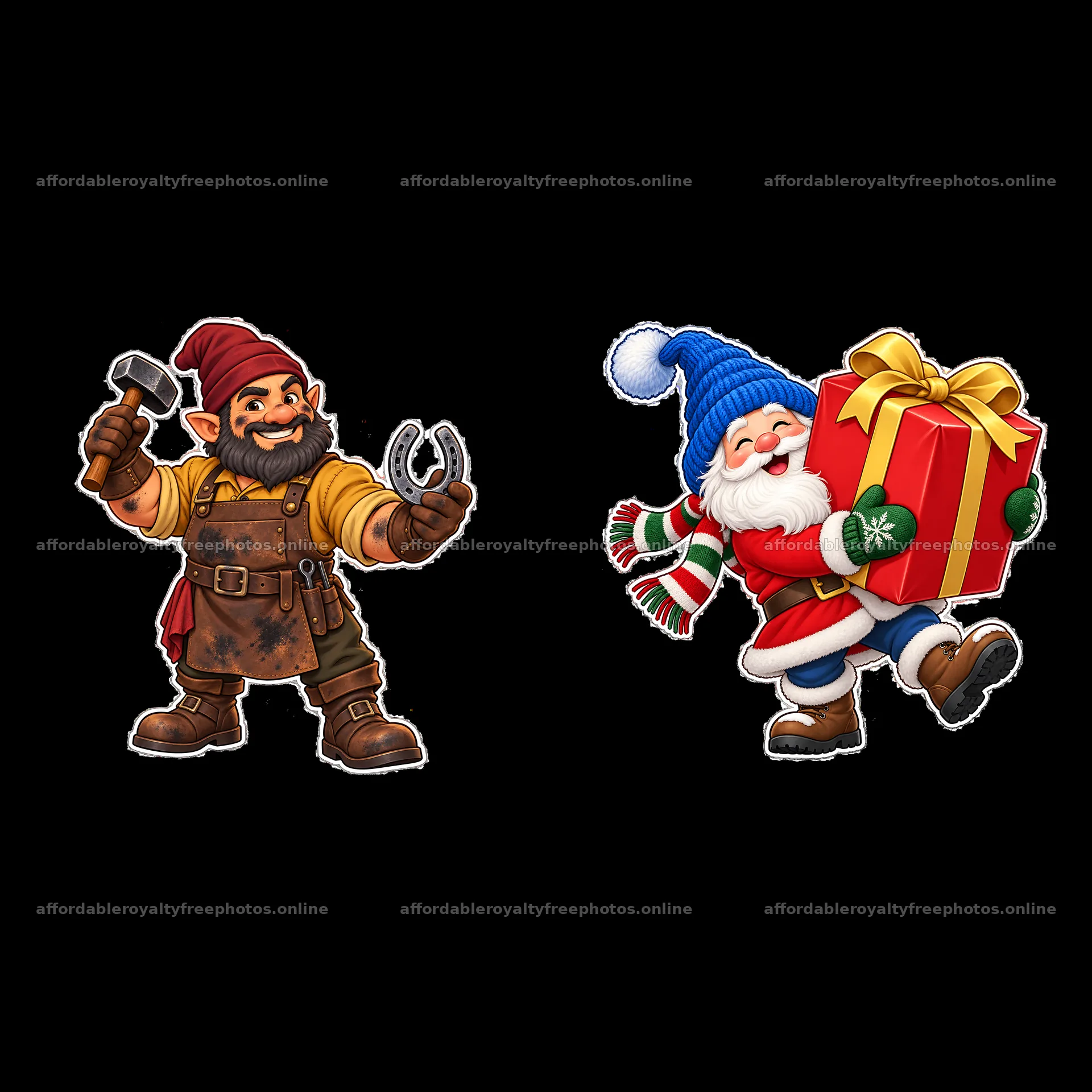 Gnome with horseshoe and Santa holding a gift in festive – royalty-free photos 7746x7746