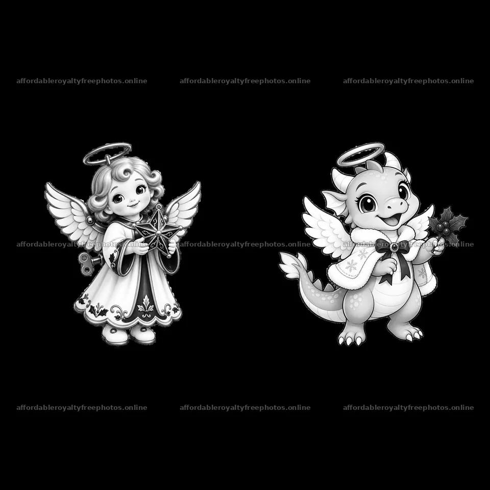 Christmas angel and dragon holding star and holly leaves – royalty-free photos 7746x7746