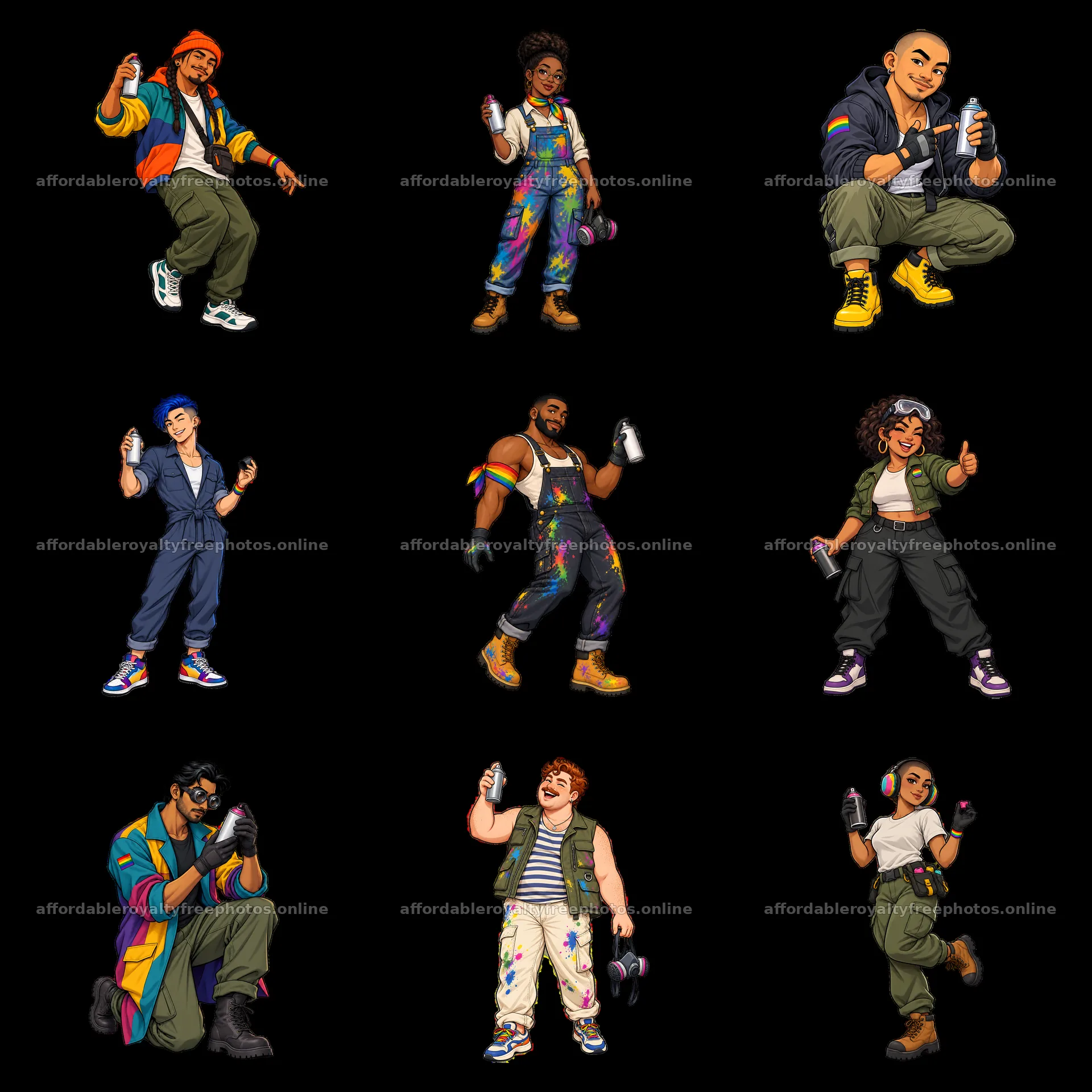Colorful cartoon graffiti artists with spray paint cans – royalty-free photos 7746x7746