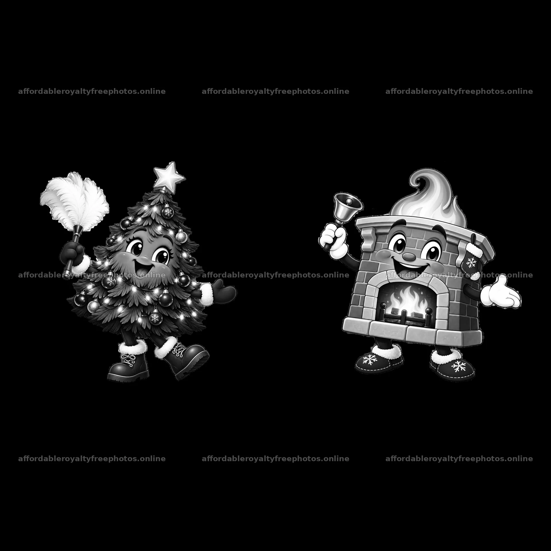 Cartoon Christmas tree and fireplace character with – royalty-free photos 7746x7746