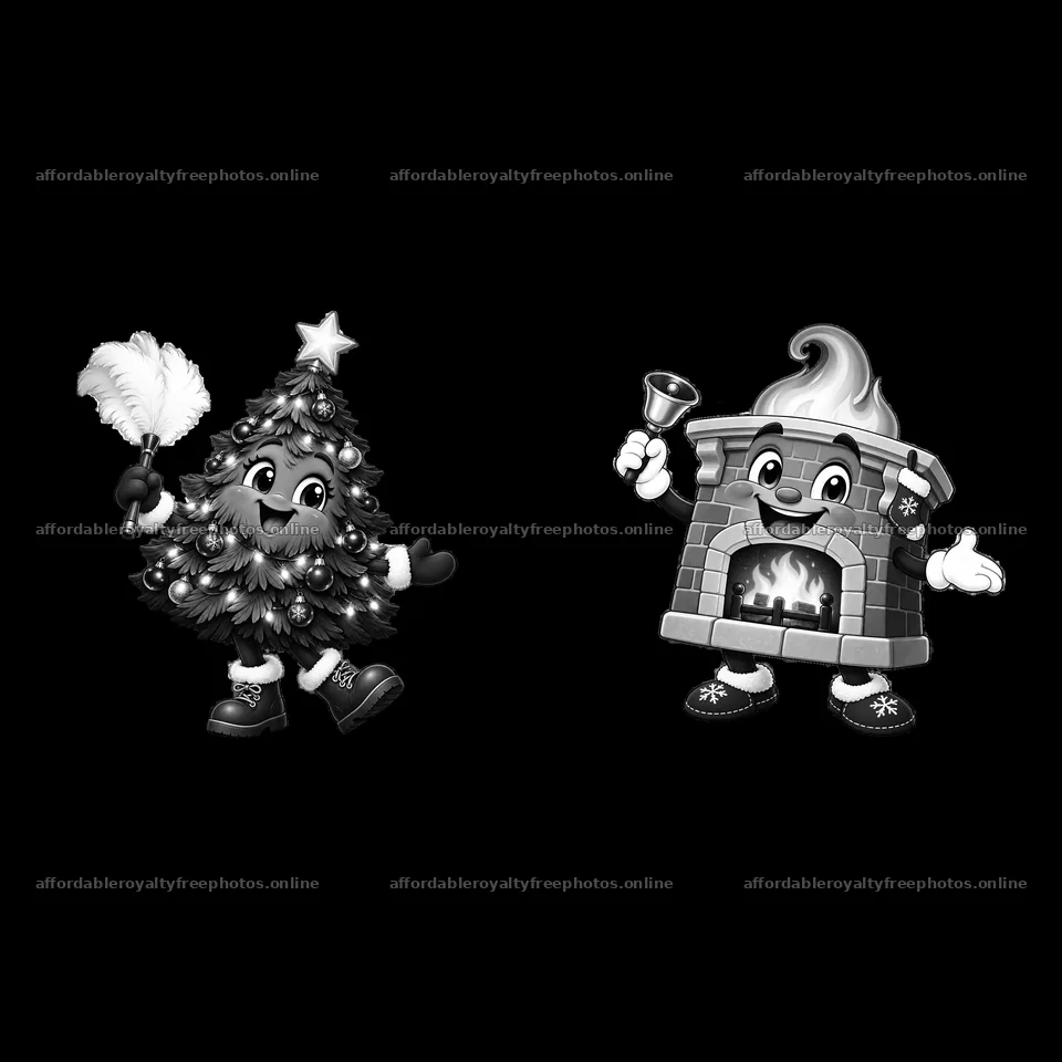 Cartoon Christmas tree and fireplace character with – royalty-free photos 7746x7746