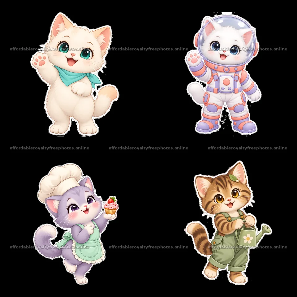 Kawaii cat stickers with various themes and playful poses – royalty-free photos 7746x7746