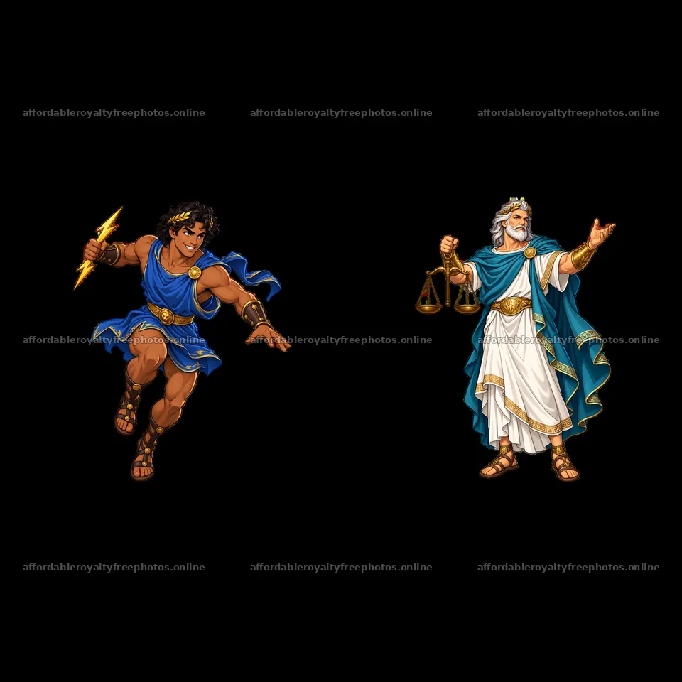 Zeus and Hermes dynamic cartoon sticker illustration – royalty-free photos 7746x7746