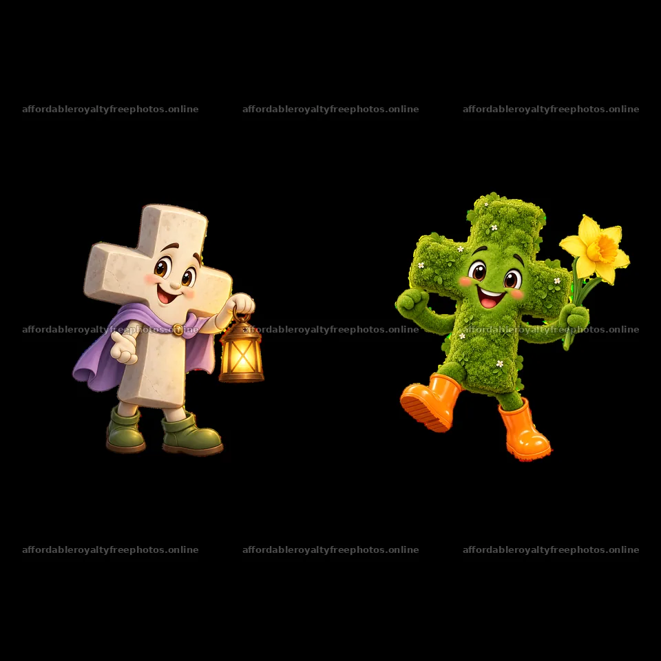 Easter Cross characters holding lantern and daffodil in – royalty-free photos 7746x7746