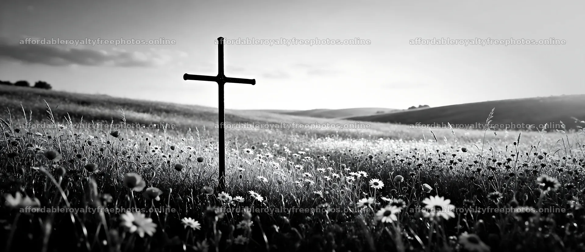 Dark cross in summer meadow with flowers – royalty-free photos 12094x5210