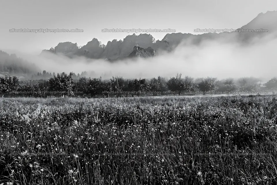 Foggy orchard meadow with mountains in the background – royalty-free photos 9722x6480