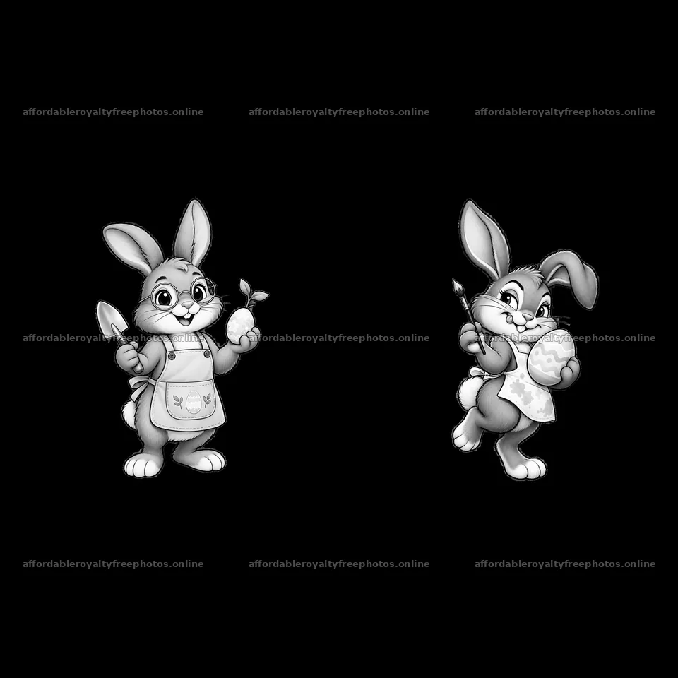 Easter bunnies holding painted eggs and gardening tools – royalty-free photos 7746x7746