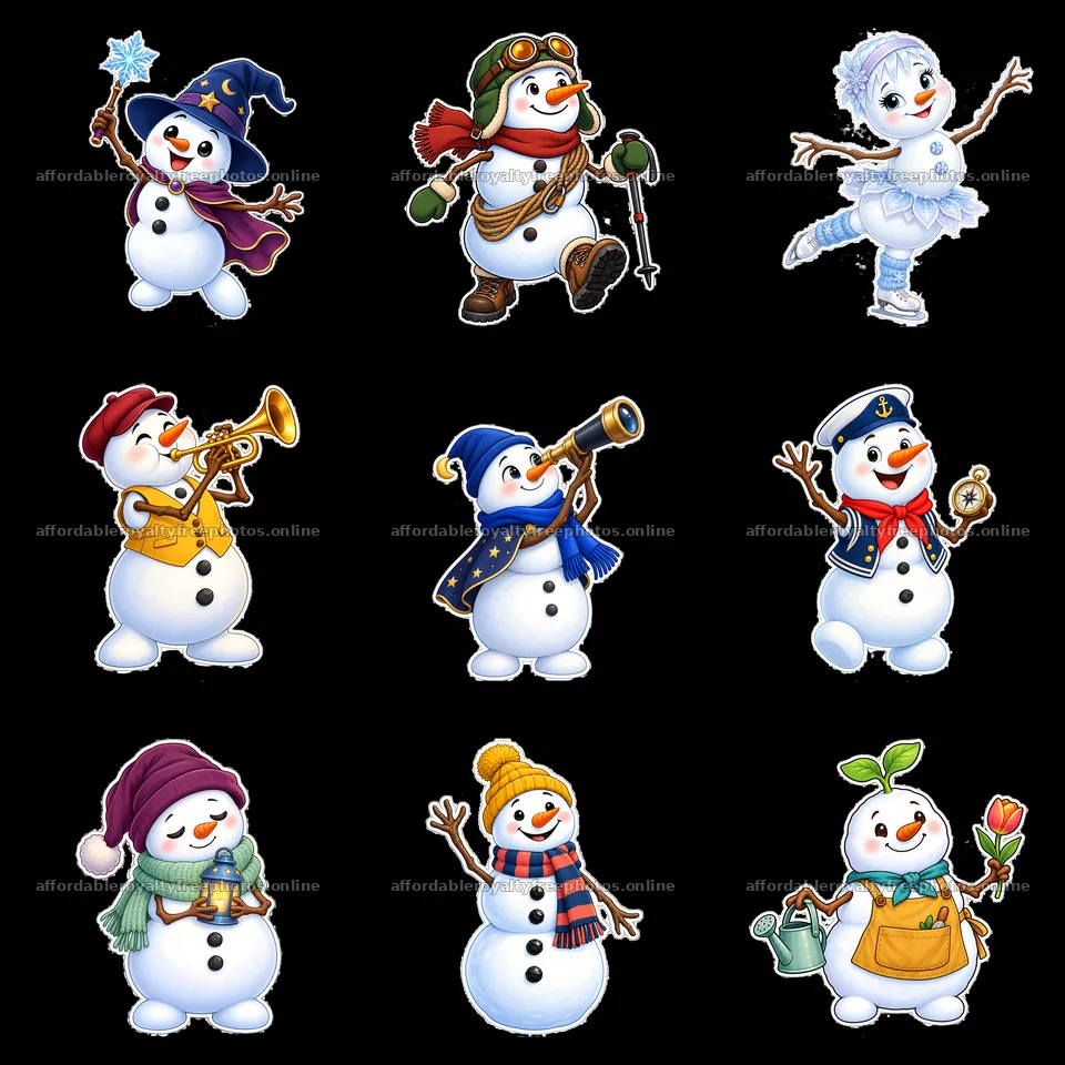 Snowman characters in various outfits and activities in – royalty-free photos 7746x7746