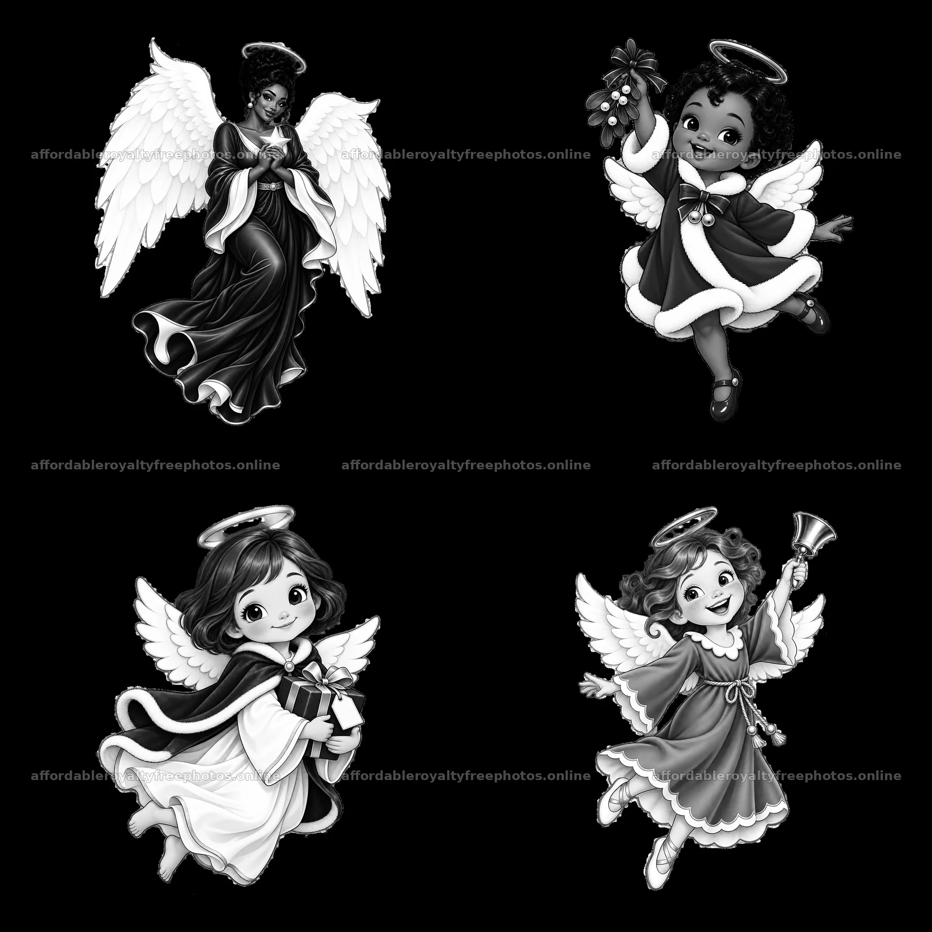 Four Christmas angel cartoon stickers in black and white – royalty-free photos 7746x7746