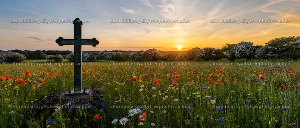Rustic Christian cross in spring meadow at sunset – royalty-free photos 12124x5196