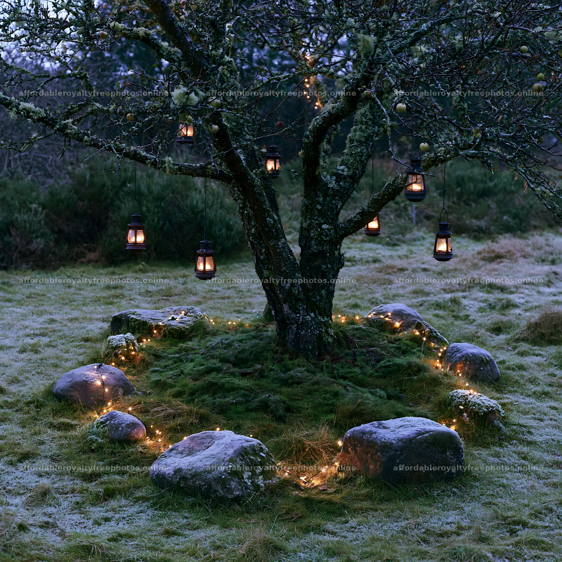 Christmas apple tree meadow with lanterns and frosted – royalty-free photos 7938x7938