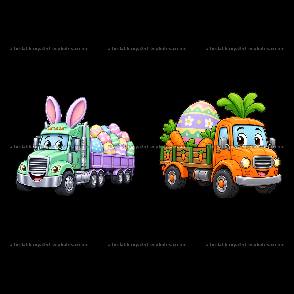 Easter trucks carrying eggs and carrots in festive colors – royalty-free photos 7746x7746
